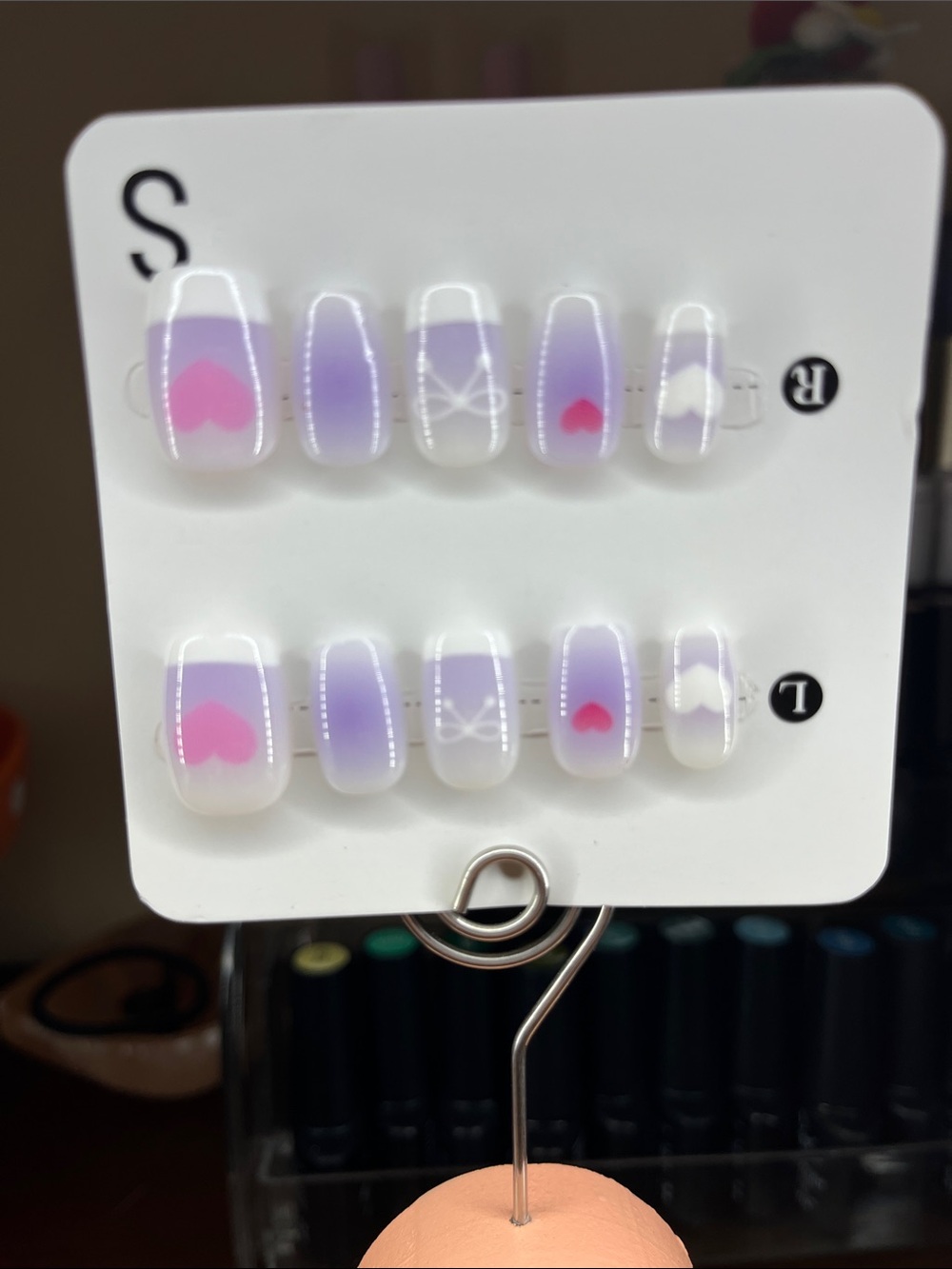 Press-On Nails Set with Lavender Ombre & Pink Heart Accents